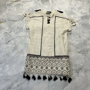 Hemant Nandita Dress Womens Sz S Ivory Aditya Embroidered Eyelet Tunic Tassel